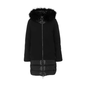 Cappotto Piumino Con Cappuccio E Pelo In Nylon Donna Nero