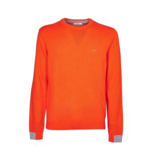 Pullover Round Solid Color Rib Uomo Arancione
