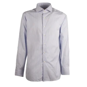Camicia Rigata Collo Francese Uomo Bianco Azzurro