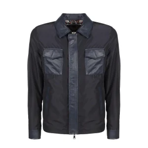 Giubbino Fullzip In Nylon Con Inserti In Pelle Uomo Navy