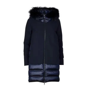 Cappotto Piumino Con Cappuccio E Pelo In Nylon Donna Blue Black