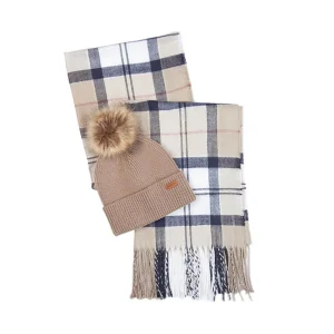 Barbour Gift Set Dover Berretto Pon Pon+Sciarpa Hailes Check Rosa