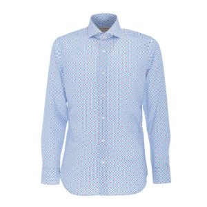 Camicia In Cotone Microfantasia Geometrica Uomo Bianco Blu Rosso