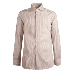 Camicia Rigata Collo Francese Uomo Bianco Marrone