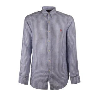 Camicia Lino Rigata Uomo Blu Bianco